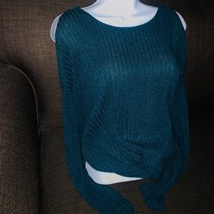 teal green cold shoulder sweater